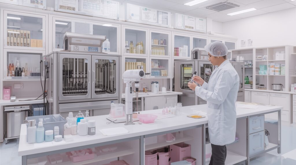 Cosmetic third party manufacturing laboratory in Ambala with a chemist performing product formulation and quality testing.