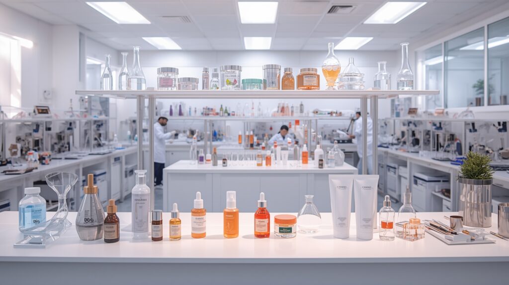Cosmetic third party manufacturing setup in Ambala showing skincare product formulation, laboratory equipment, and chemists working in a modern GMP-certified lab.